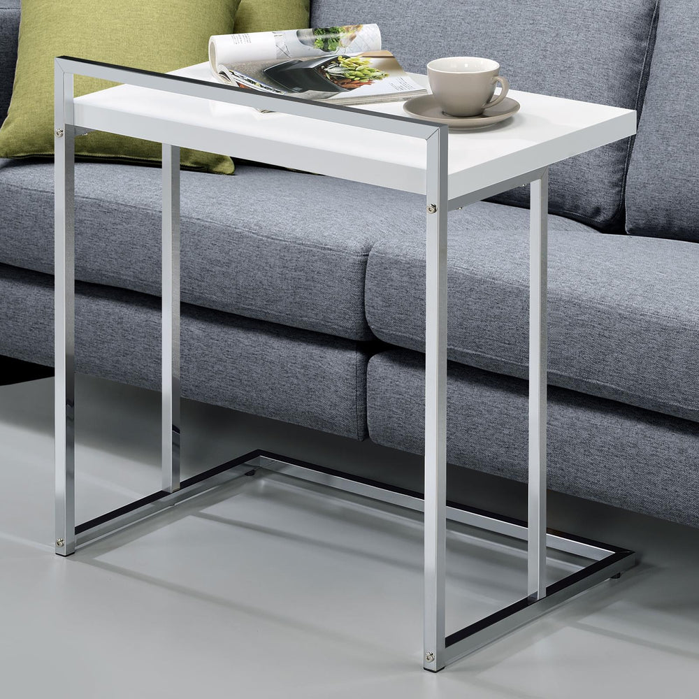 English Elm White White High Gloss Rectangular Snack Table with Extra-Wide Tray, Chrome Metal Legs, Slide-Under Design for Comfort and Serving B062P156868