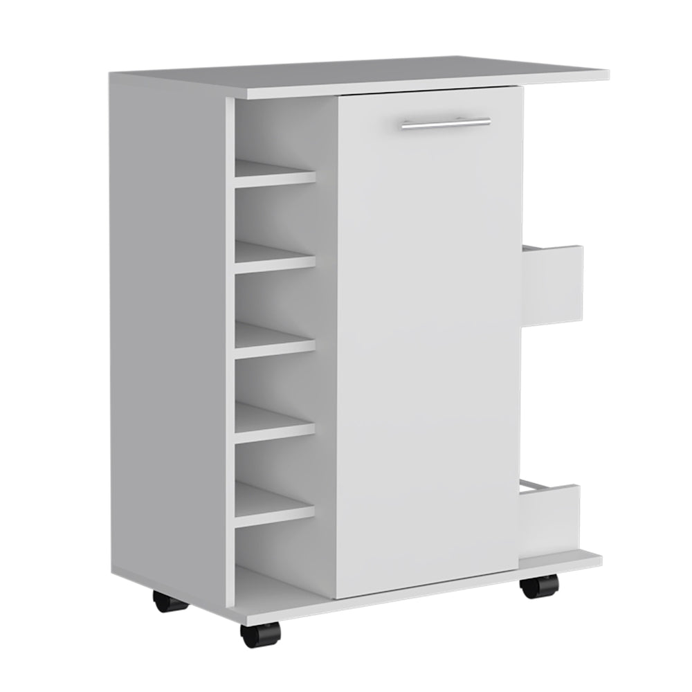 English Elm White 4-wheel bar cart cabinet with 6 bottle racks, locking casters, shelves & wood-door storage, elegant versatile entertaining station B097133169