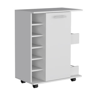 English Elm White 4-wheel bar cart cabinet with 6 bottle racks, locking casters, shelves & wood-door storage, elegant versatile entertaining station B097133169