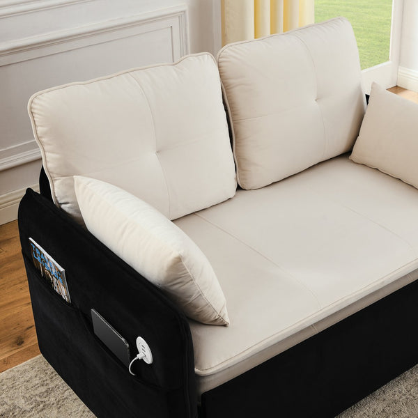 English Elm 53" Modern Convertible Velvet Sofa Bed with USB Port, Removable Arms, Trundle Pull-Out & 2 Pillows Beige+Black W1853P144294