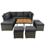 English Elm Patio Furniture Set, 10 Piece Outdoor Conversation Set, Coffeetable With Ottomans, Solid Wood Coffee Table