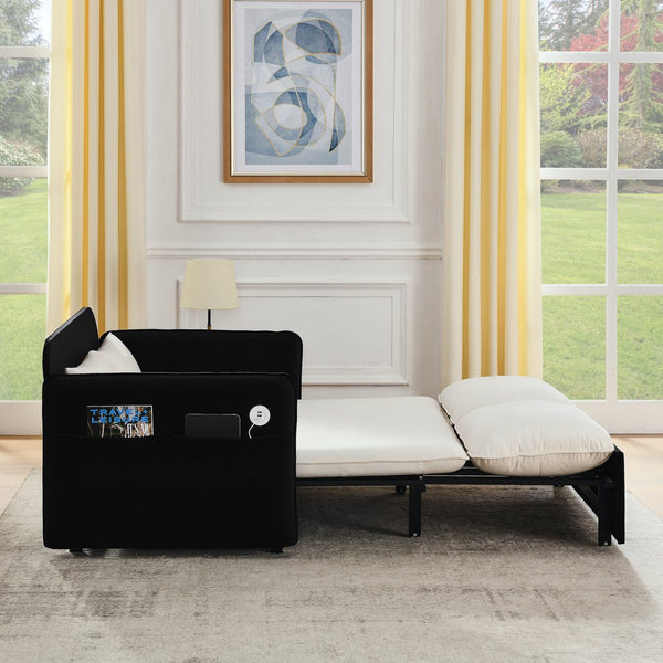 English Elm 53" Modern Convertible Velvet Sofa Bed with USB Port, Removable Arms, Trundle Pull-Out & 2 Pillows Beige+Black W1853P144294