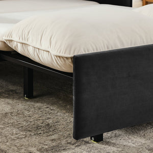 English Elm 53" Modern Convertible Velvet Sofa Bed with USB Port, Removable Arms, Trundle Pull-Out & 2 Pillows Beige+Grey W1853P144297