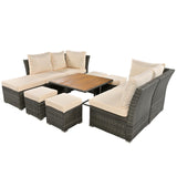 English Elm Patio Furniture Set, 10 Piece Outdoor Conversation Set, Coffeetable With Ottomans, Solid Wood Coffee Table