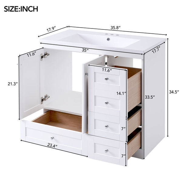 English Elm 36 Inch Shaker Style Free-Standing Bathroom Vanity Cabinet with Resin Sink, Soft-Close Storage Elegance White SV000021AAK