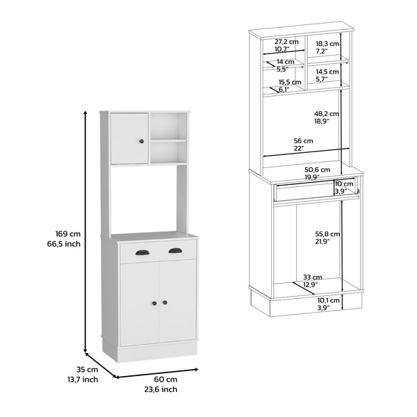 English Elm Pantry Cabinet with Drawer and 3-Doors White — Microwave Top, Open Display Shelf, Compact Storage Solution B097133170