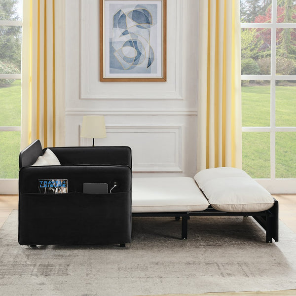 English Elm 53" Modern Convertible Velvet Sofa Bed with USB Port, Removable Arms, Trundle Pull-Out & 2 Pillows Beige+Grey W1853P144297