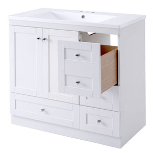 English Elm 36 Inch Shaker Style Free-Standing Bathroom Vanity Cabinet with Resin Sink, Soft-Close Storage Elegance White SV000021AAK