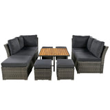 English Elm Patio Furniture Set, 10 Piece Outdoor Conversation Set, Coffeetable With Ottomans, Solid Wood Coffee Table