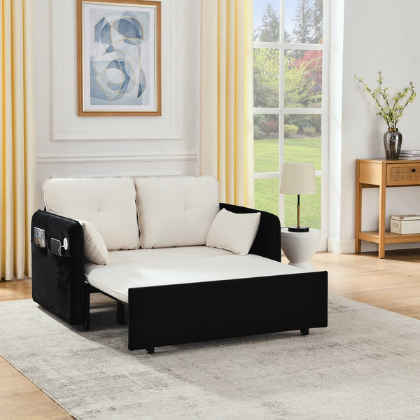 English Elm 53" Modern Convertible Velvet Sofa Bed with USB Port, Removable Arms, Trundle Pull-Out & 2 Pillows Beige+Black W1853P144294