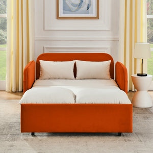 English Elm 53" Modern Convertible Velvet Sofa Bed with USB Port, Removable Arms, Trundle Pull-Out & 2 Pillows Beige W1853P144292