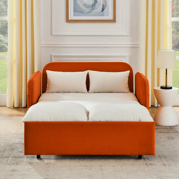 English Elm 53" Modern Convertible Velvet Sofa Bed with USB Port, Removable Arms, Trundle Pull-Out & 2 Pillows Beige W1853P144292