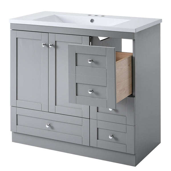 English Elm 36 Inch Shaker Style Free-Standing Bathroom Vanity Cabinet with Resin Sink, Soft-Close Storage Elegance Gray SV000021AAE
