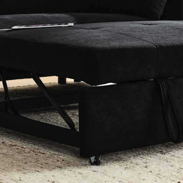 English Elm 54" Multifunctional Pull-Out Sleeper Sofa Bed with Recliner, Storage, Side Pockets, USB Outlet, Lumbar Pillow Black W1853S00002