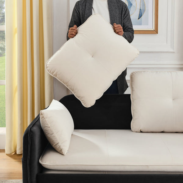 English Elm 53" Modern Convertible Velvet Sofa Bed with USB Port, Removable Arms, Trundle Pull-Out & 2 Pillows Beige+Grey W1853P144297