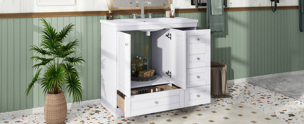 English Elm 36 Inch Shaker Style Free-Standing Bathroom Vanity Cabinet with Resin Sink, Soft-Close Storage Elegance White SV000021AAK