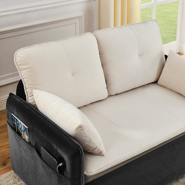 English Elm 53" Modern Convertible Velvet Sofa Bed with USB Port, Removable Arms, Trundle Pull-Out & 2 Pillows Beige+Grey W1853P144297