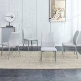 English Elm Four Light Gray Dining Chairs. A Medieval Modern Chair Made Of Pu Material With Soft Cushions and Silver Metal Legs. Suitable For Restaurants and Living Rooms