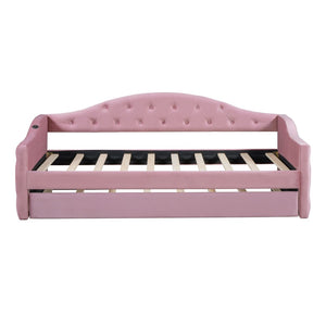 English Elm Twin Velvet Tufted Daybed with Pull Out Trundle and Built in Usb Charging Ports N733S422848H