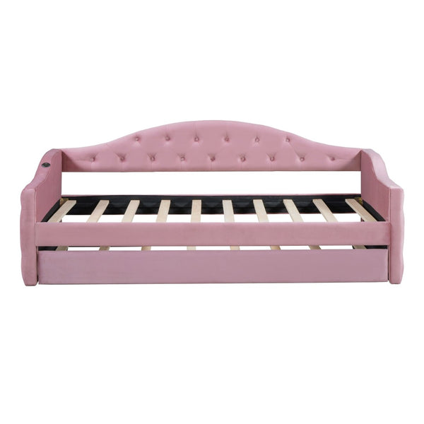 English Elm Twin Velvet Tufted Daybed with Pull Out Trundle and Built in Usb Charging Ports N733S422848H