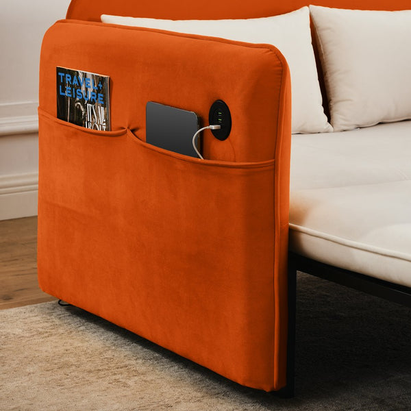 English Elm 53" Modern Convertible Velvet Sofa Bed with USB Port, Removable Arms, Trundle Pull-Out & 2 Pillows Beige W1853P144292