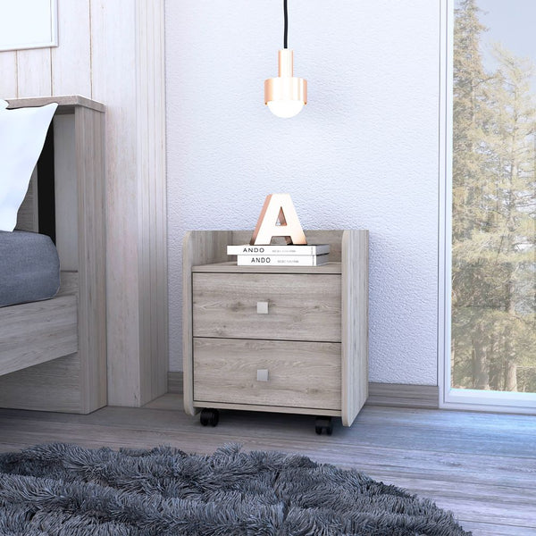 English Elm Nightstand With Two Drawers, Light Gray Finish, Modern Design & Mobile Wheels For Your Space B097133086