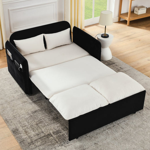 English Elm 53" Modern Convertible Velvet Sofa Bed with USB Port, Removable Arms, Trundle Pull-Out & 2 Pillows Beige+Black W1853P144294