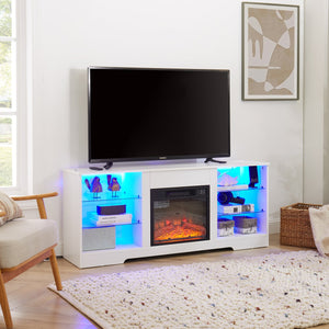 English Elm TV 58" Electric Fireplace TV Stand with 3D Realistic Flame, LED Lights, USB & AC Power Strip, Modern Media Console White W2275P149866