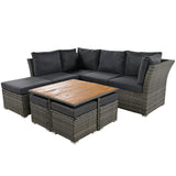 English Elm Patio Furniture Set, 10 Piece Outdoor Conversation Set, Coffeetable With Ottomans, Solid Wood Coffee Table