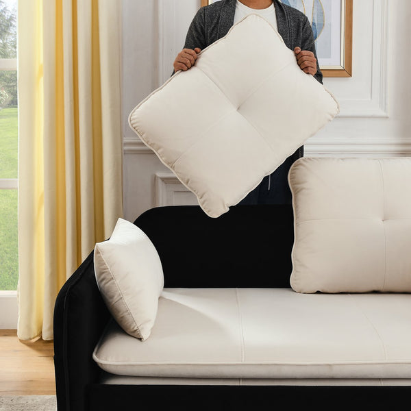 English Elm 53" Modern Convertible Velvet Sofa Bed with USB Port, Removable Arms, Trundle Pull-Out & 2 Pillows Beige+Black W1853P144294