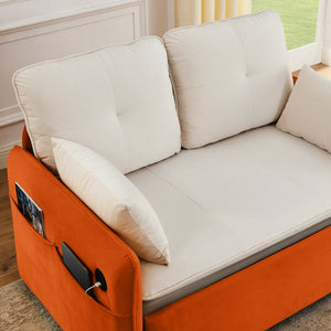 English Elm 53" Modern Convertible Velvet Sofa Bed with USB Port, Removable Arms, Trundle Pull-Out & 2 Pillows Beige W1853P144292