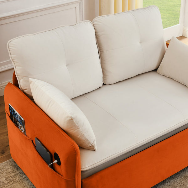 English Elm 53" Modern Convertible Velvet Sofa Bed with USB Port, Removable Arms, Trundle Pull-Out & 2 Pillows Beige W1853P144292