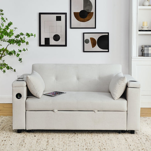 English Elm 54" Multifunctional Pull-Out Sleeper Sofa Bed with Recliner, Storage, Side Pockets, USB Outlet, Lumbar Pillow Beige W1853S00003