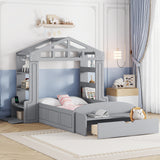 Twin Size House Bed with Bench, Socket and Shelves