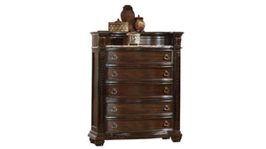 English Elm Traditional 5-Drawer Chest in Rich Beige Finish with Carved Detail, Spacious Storage & Display Surface 808857853837