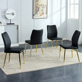 English Elm Four Black Dining Chairs. A Medieval Modern Chair Made Of Pu Material With Soft Cushions, Equipped With Golden Metal Legs. Suitable For Restaurants and Living Rooms