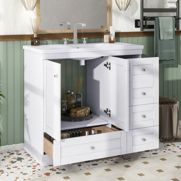 English Elm 36 Inch Shaker Style Free-Standing Bathroom Vanity Cabinet with Resin Sink, Soft-Close Storage Elegance White SV000021AAK