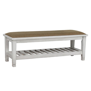English Elm Antique White Upholstered Bench with Slatted Shelf, Farmhouse Coastal Charm, 50.5" Wide Storage Seat B062P153591