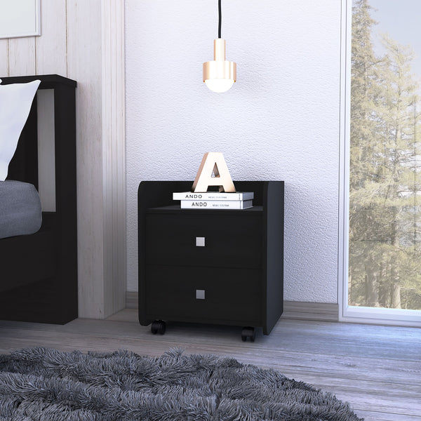 English Elm Nightstand with Two Drawers & Open Shelf, 22"H Black Engineered Wood, Metal Handles, Modern Durable Design B097133085