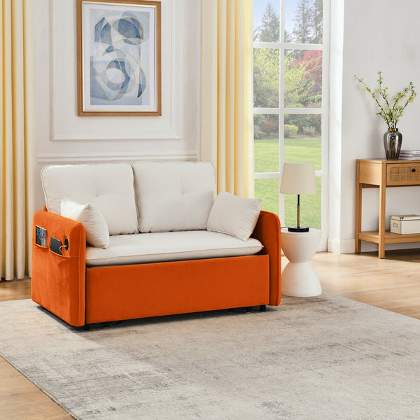 English Elm 53" Modern Convertible Velvet Sofa Bed with USB Port, Removable Arms, Trundle Pull-Out & 2 Pillows Beige W1853P144292