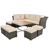 English Elm Patio Furniture Set, 10 Piece Outdoor Conversation Set, Coffeetable With Ottomans, Solid Wood Coffee Table