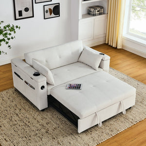 English Elm 54" Multifunctional Pull-Out Sleeper Sofa Bed with Recliner, Storage, Side Pockets, USB Outlet, Lumbar Pillow Beige W1853S00003