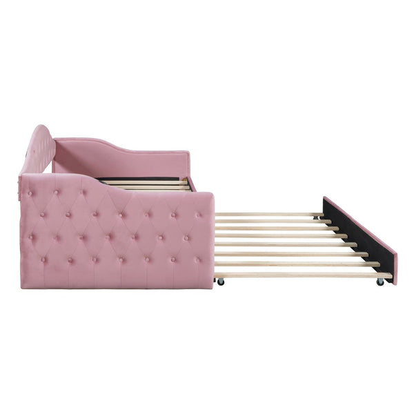 English Elm Twin Velvet Tufted Daybed with Pull Out Trundle and Built in Usb Charging Ports N733S422848H