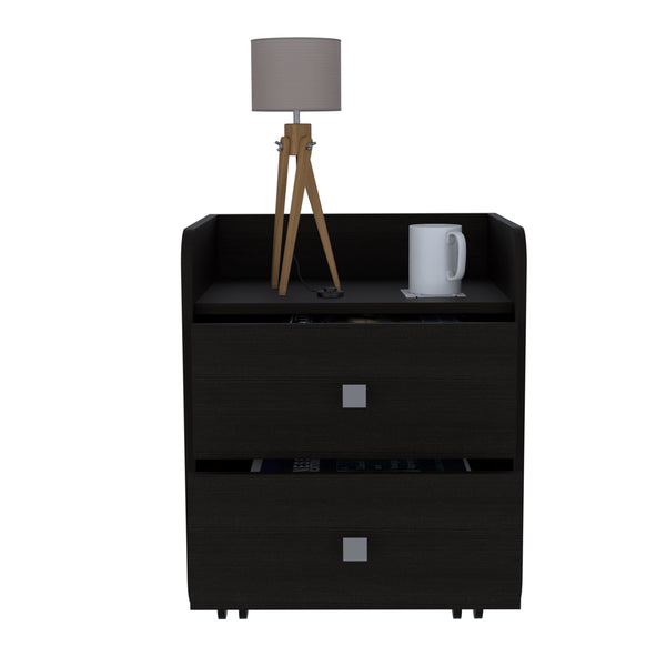 English Elm Nightstand with Two Drawers & Open Shelf, 22"H Black Engineered Wood, Metal Handles, Modern Durable Design B097133085