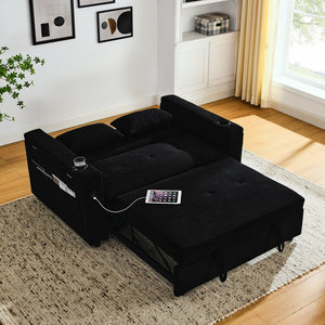 English Elm 54" Multifunctional Pull-Out Sleeper Sofa Bed with Recliner, Storage, Side Pockets, USB Outlet, Lumbar Pillow Black W1853S00002