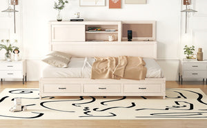 English Elm Full Size Gray Wood Daybed with Storage Drawers Shelf Usb Charging Upholstered Back LP002025AAK-1