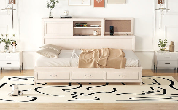 English Elm Full Size Gray Wood Daybed with Storage Drawers Shelf Usb Charging Upholstered Back LP002025AAK-1