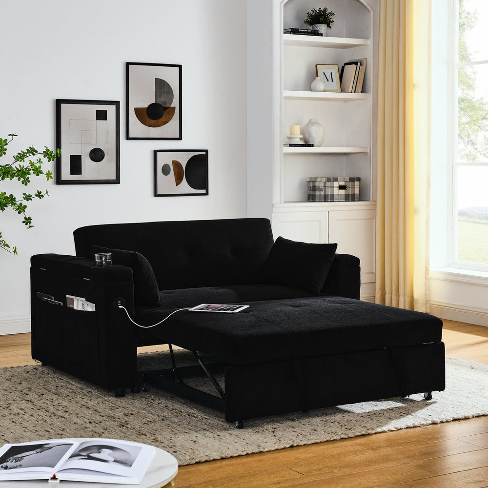 English Elm 54" Multifunctional Pull-Out Sleeper Sofa Bed with Recliner, Storage, Side Pockets, USB Outlet, Lumbar Pillow Black W1853S00002