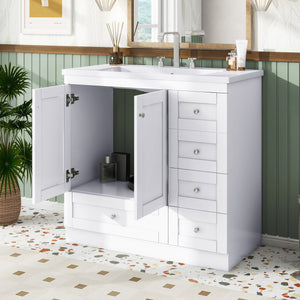 English Elm 36 Inch Shaker Style Free-Standing Bathroom Vanity Cabinet with Resin Sink, Soft-Close Storage Elegance White SV000021AAK