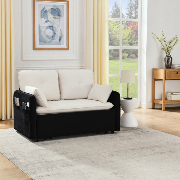 English Elm 53" Modern Convertible Velvet Sofa Bed with USB Port, Removable Arms, Trundle Pull-Out & 2 Pillows Beige+Black W1853P144294